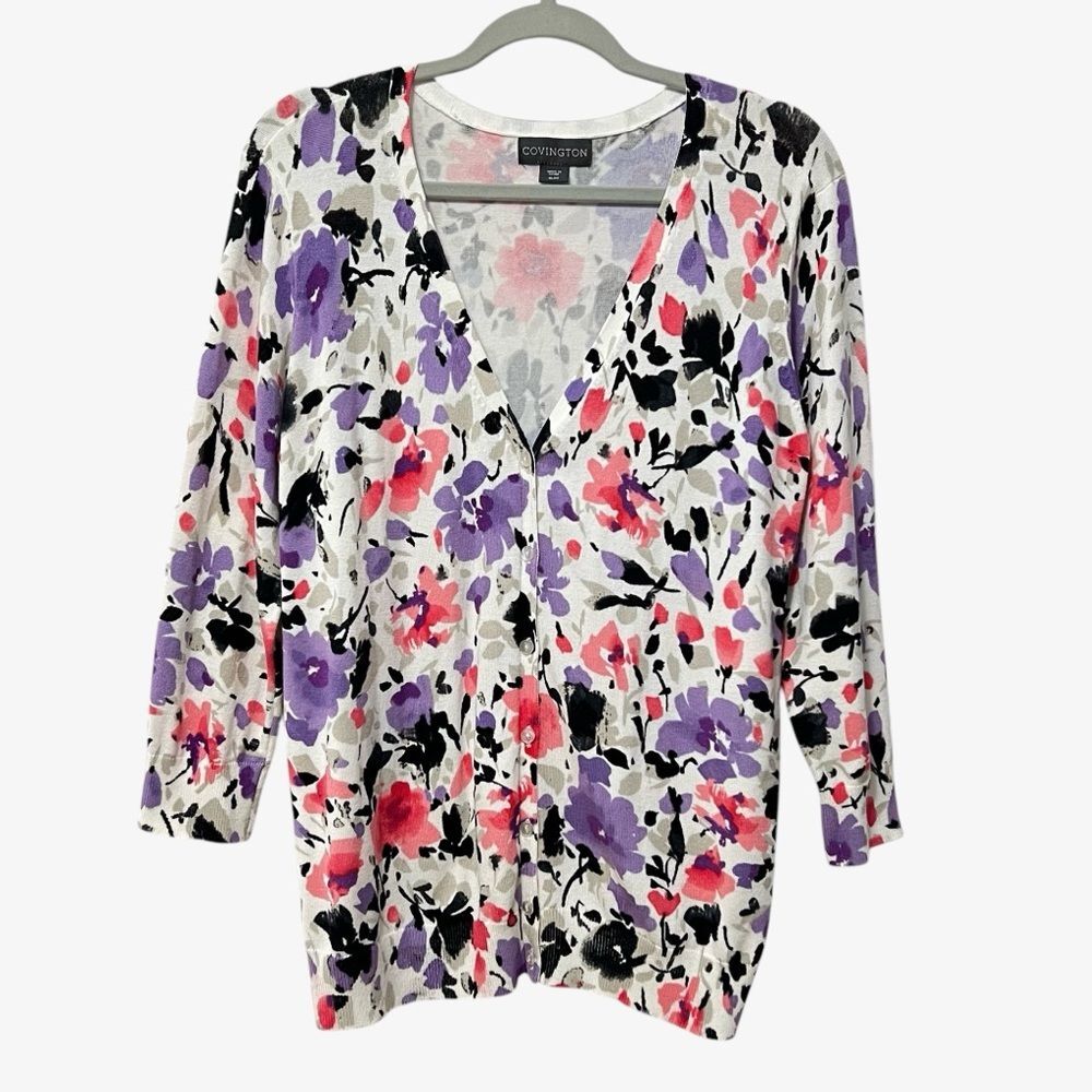 Covington Womens Floral Cardigan Size XL 3/4 Sleeves Lightweight Silky Knit